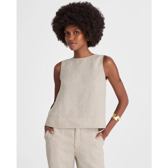 Madewell Linen Pleated Shell Top Sz XS Oat Wide Swing Hem Keyhole Back High Neck - Picture 1 of 12